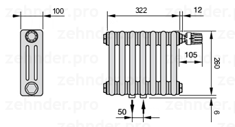 Схема (чертеж) Радиатор Zehnder Charleston 3026/7 №V008 Белый глянцевый RAL 9016